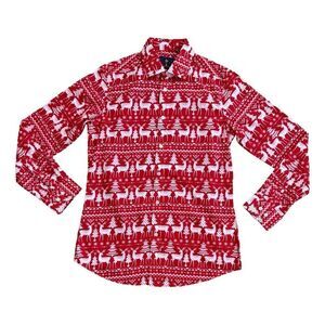 Simon Banks Christmas Holiday Reindeer Button Up Mens Long Sleeve Shirt SM NWOT